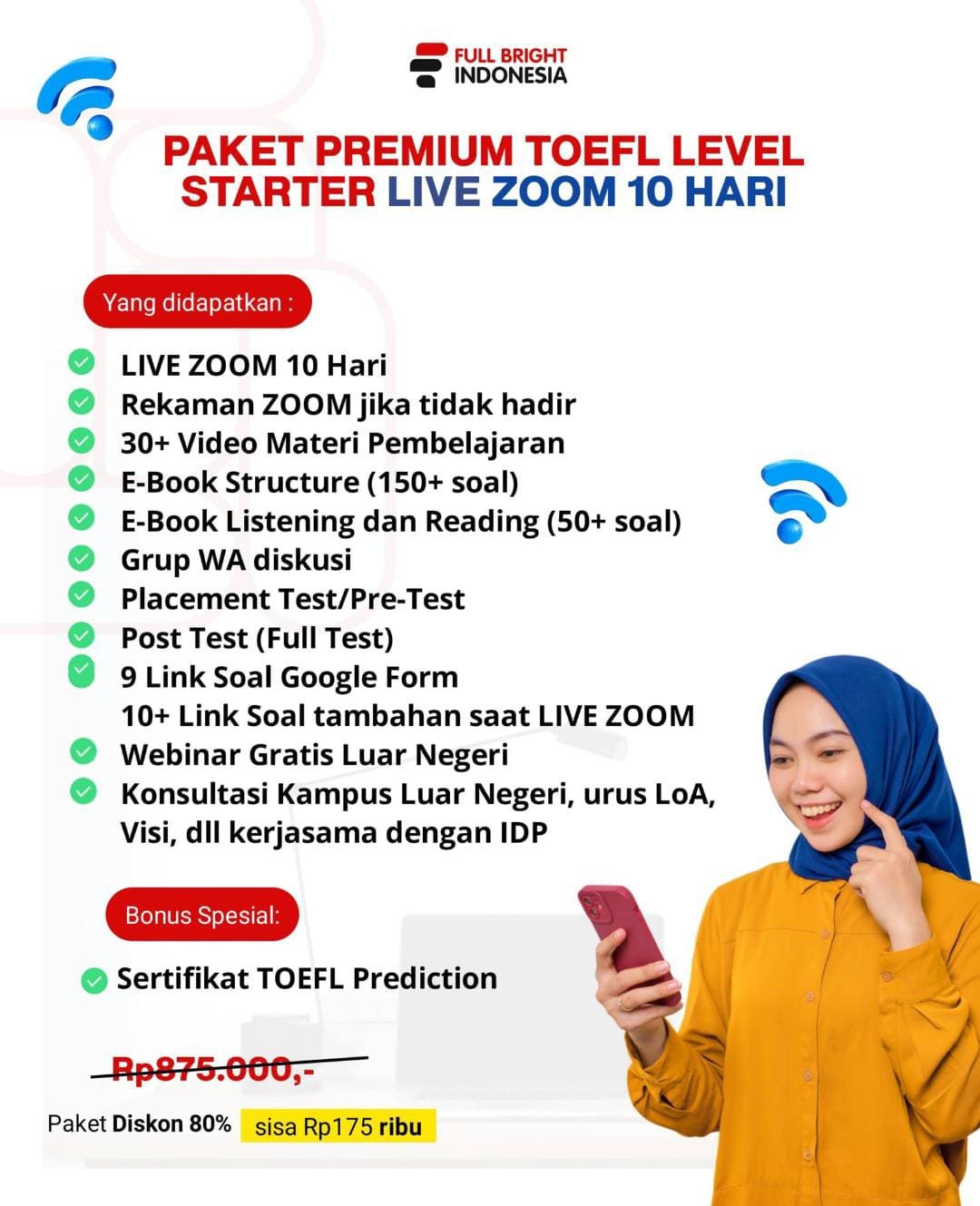 A1- Paket Premium TOEFL Level Starter LIVE ZOOM (10  Meeting)