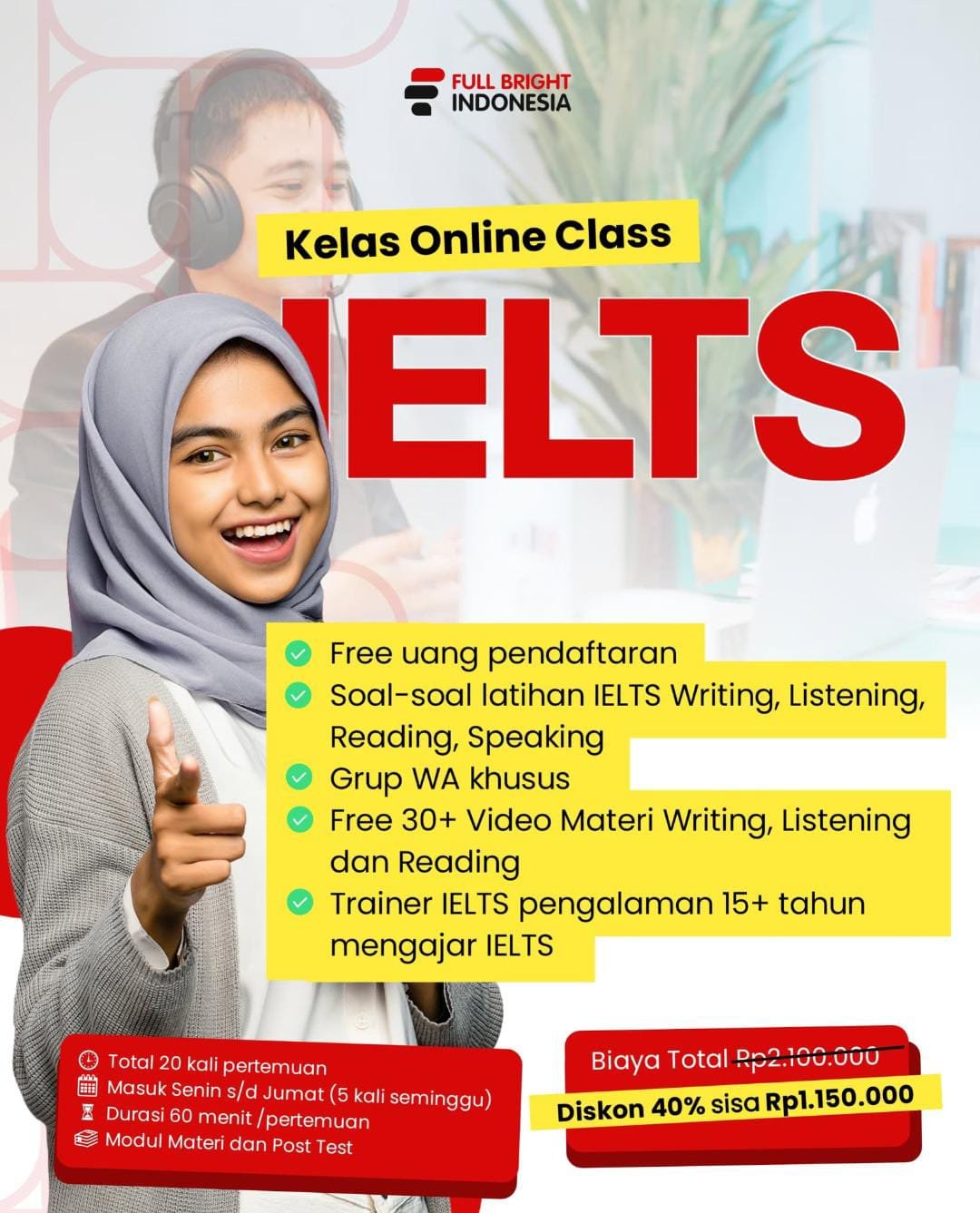 B1- Paket IELTS Level Intermediate  LIVE ZOOM (20 Meeting)