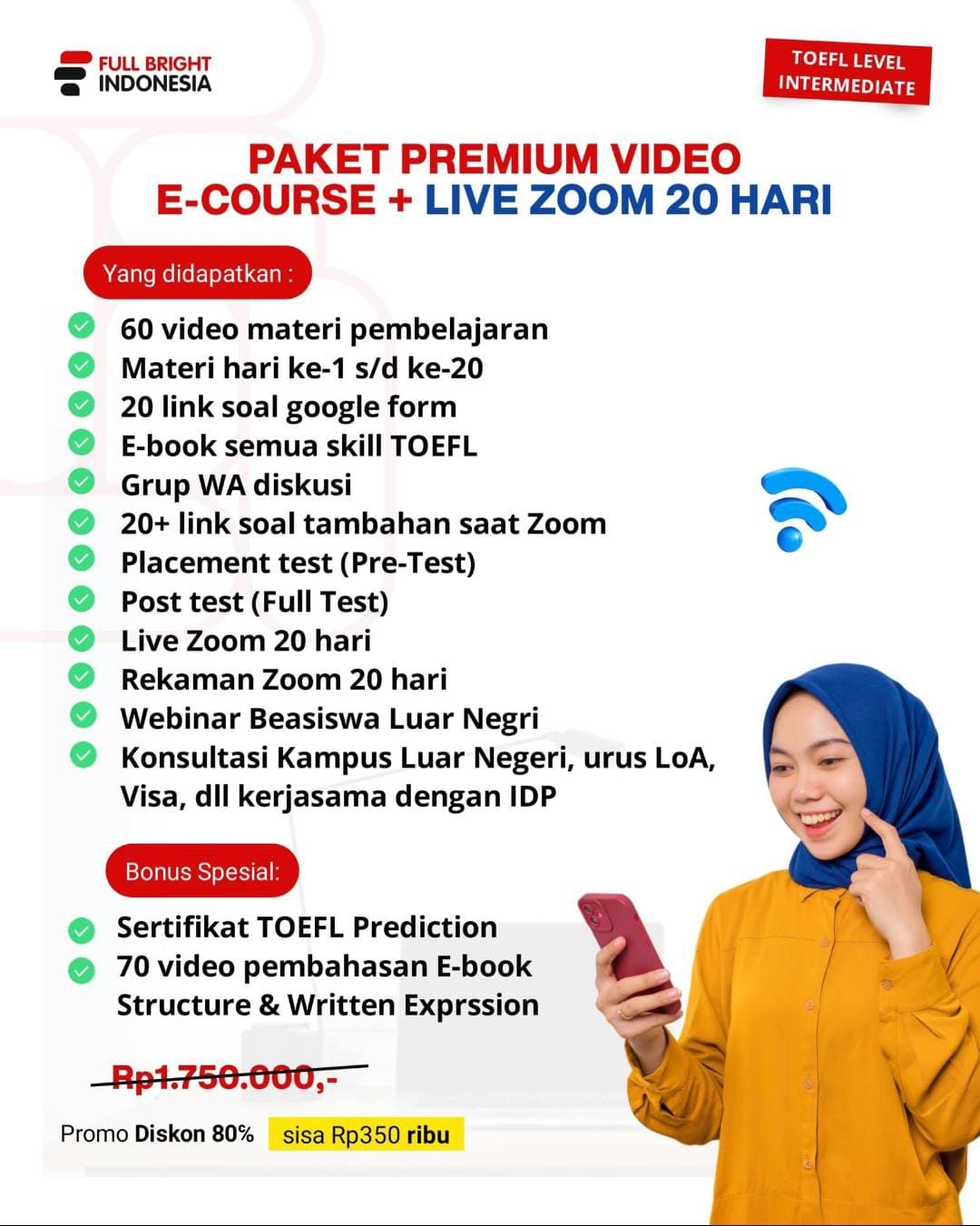 A2- Paket Premium TOEFL Level Intermediate LIVE ZOOM (20 Meeting)